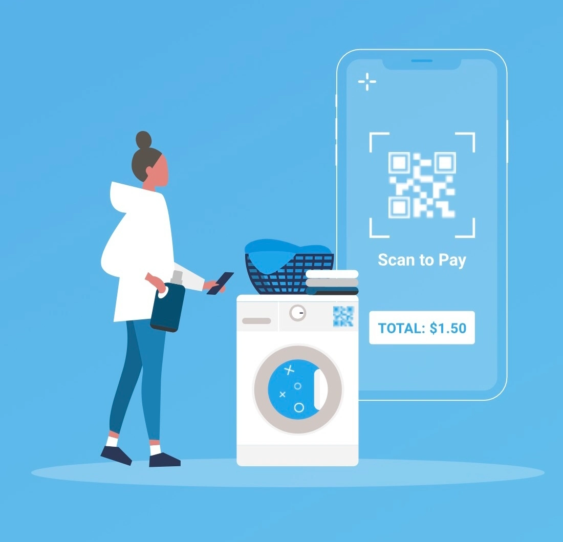 Woman using phone to pay laundry.